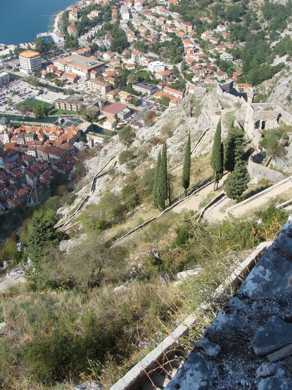 Looking down the fortress Kotor walls walk up San Giovanni Fortress in Montenegro.