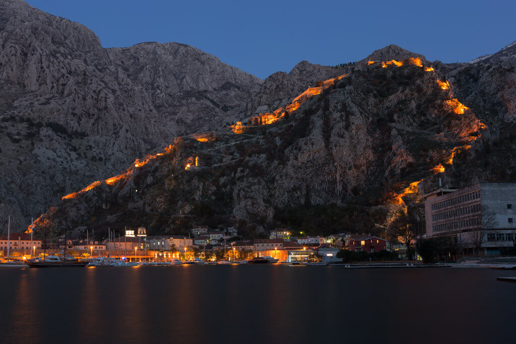 Kotor walls by night Kotor walls walk up San Giovanni Fortress in Montenegro.
