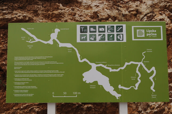 Lipa Cave map Map of Lipa Cave, near Cetinje in Montenegro. Choose from two tour options into the cave.
