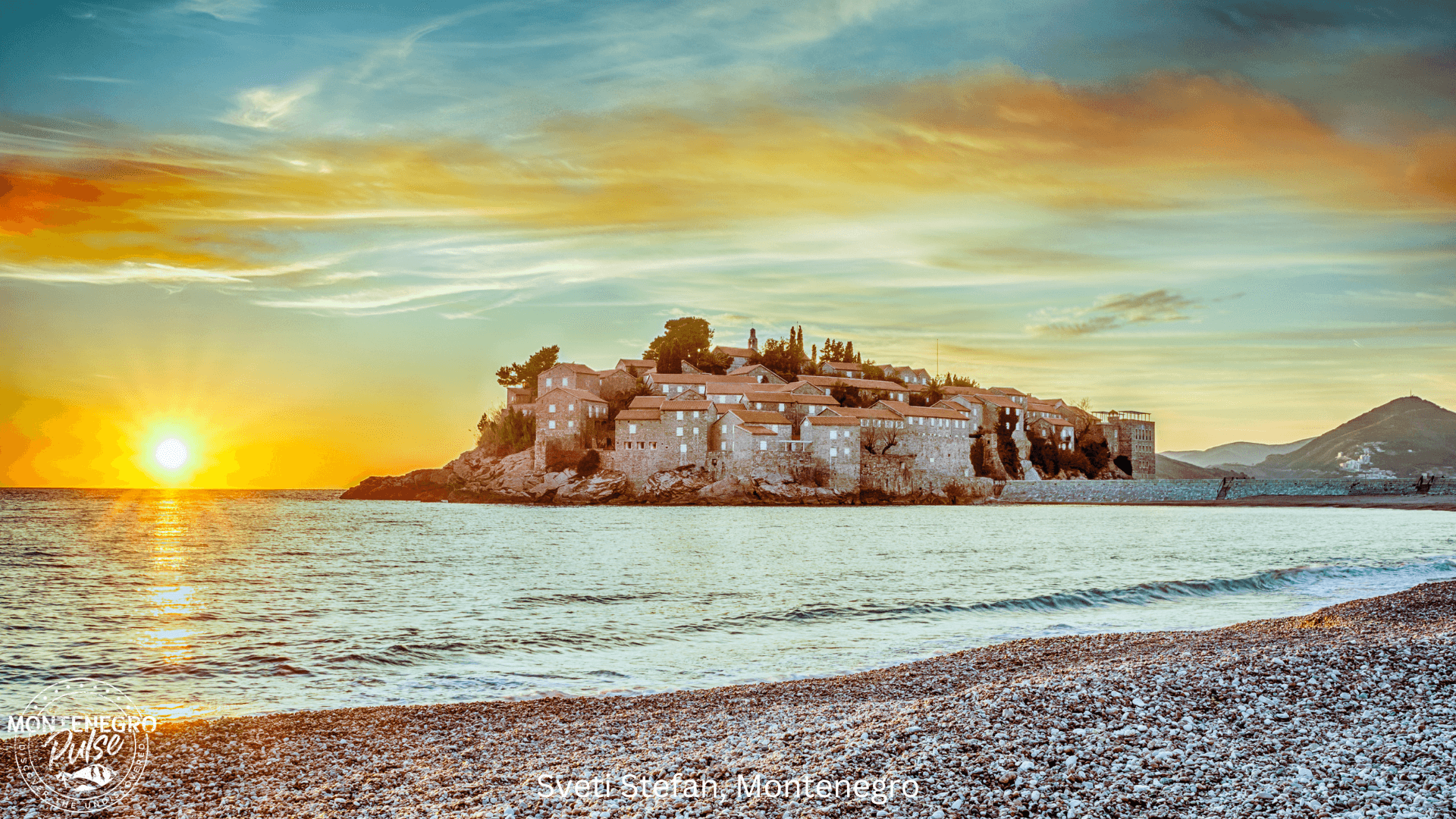 Sunset view of the island resort of Sveti Stefan, Montenegro, with golden light reflecting on the sea.