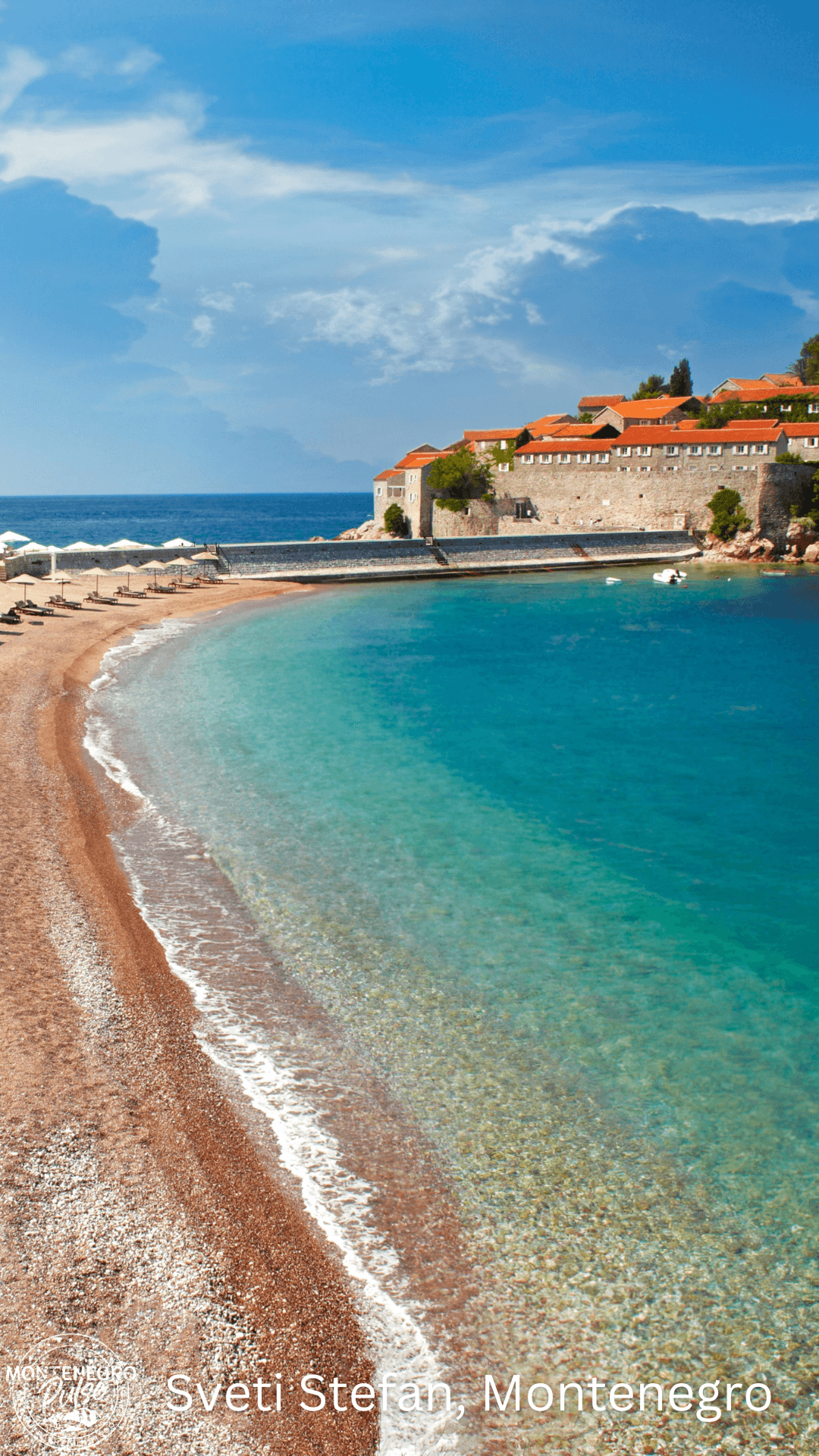 Pristine beach with clear turquoise water and the island of Sveti Stefan in the background, Montenegro.